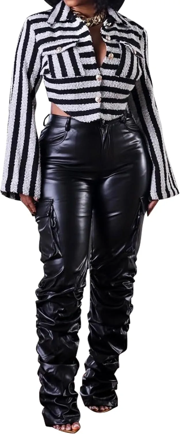 Zebaexf Women's Stretchy Faux Leather Leggings Pants,High Waist Stacked Pants for Women