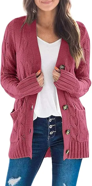 ZESICA Women's Fall Casual Long Sleeve Button Down Open Front Cable Knit Cardigan Sweater Coat