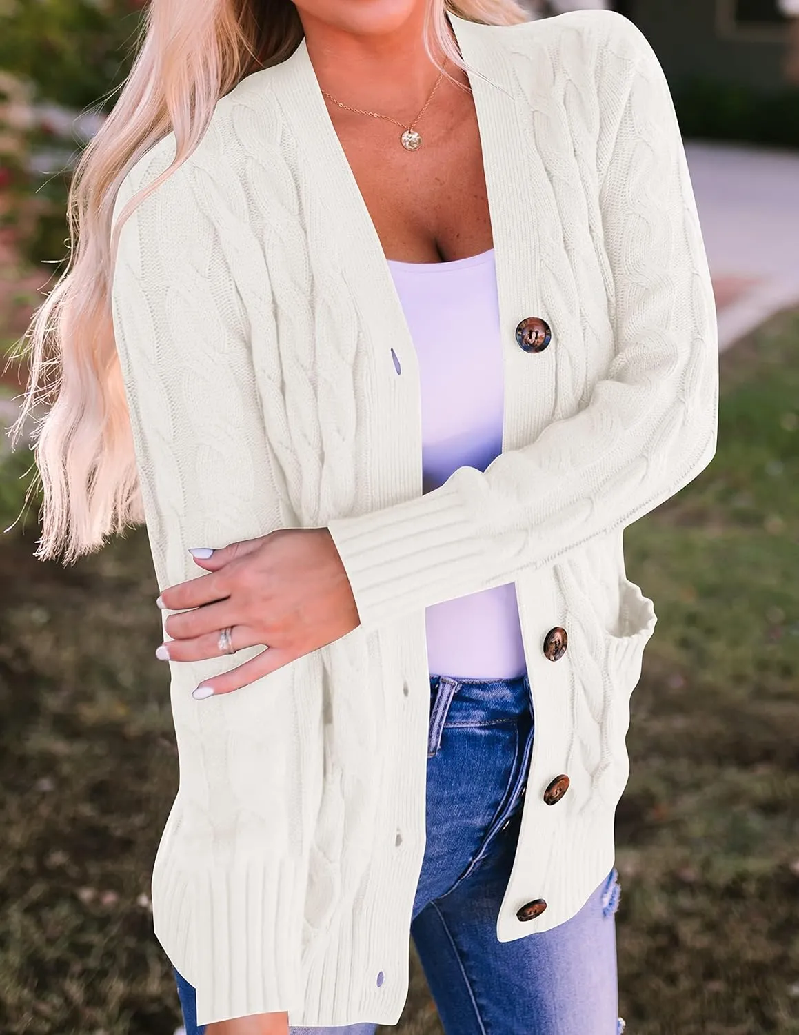ZESICA Women's Fall Casual Long Sleeve Button Down Open Front Cable Knit Cardigan Sweater Coat