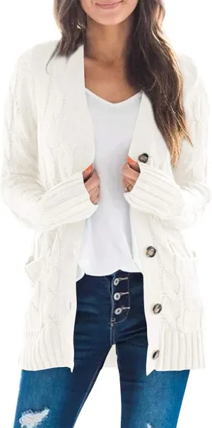 ZESICA Women's Fall Casual Long Sleeve Button Down Open Front Cable Knit Cardigan Sweater Coat