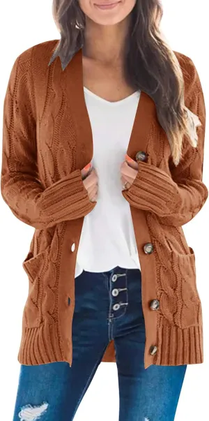 ZESICA Women's Fall Casual Long Sleeve Button Down Open Front Cable Knit Cardigan Sweater Coat