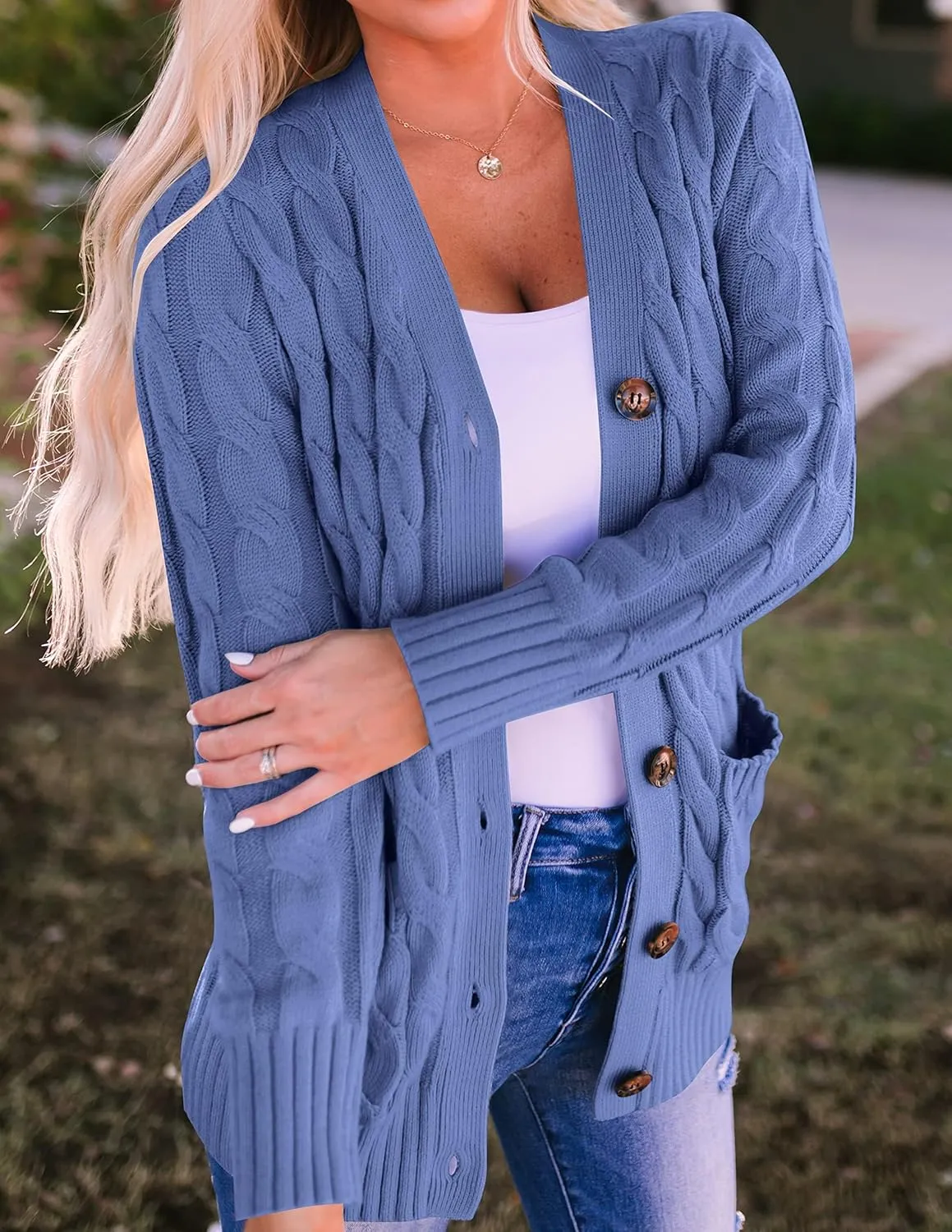 ZESICA Women's Fall Casual Long Sleeve Button Down Open Front Cable Knit Cardigan Sweater Coat