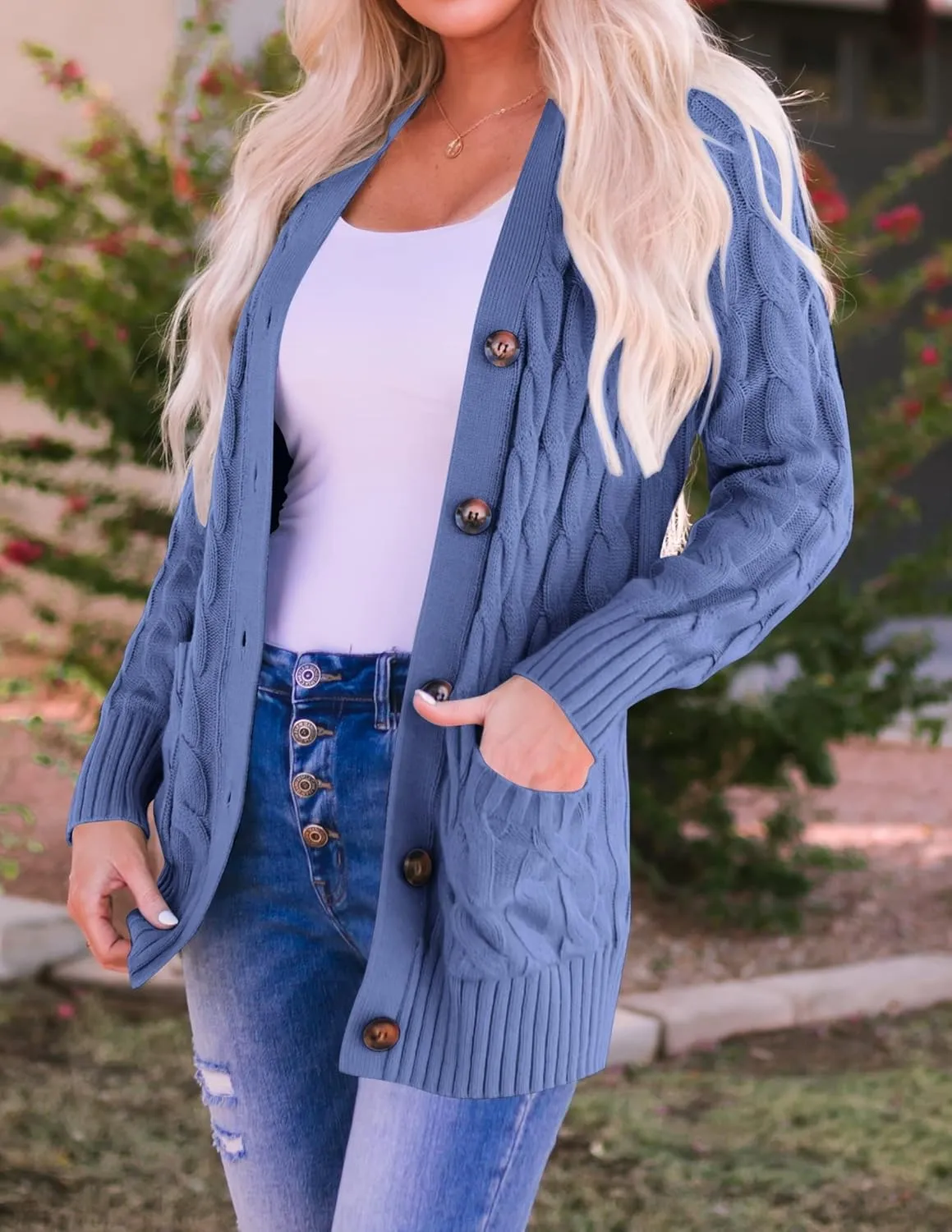 ZESICA Women's Fall Casual Long Sleeve Button Down Open Front Cable Knit Cardigan Sweater Coat