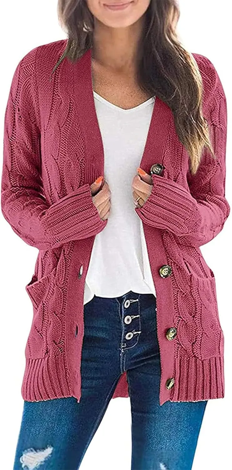 ZESICA Women's Fall Casual Long Sleeve Button Down Open Front Cable Knit Cardigan Sweater Coat