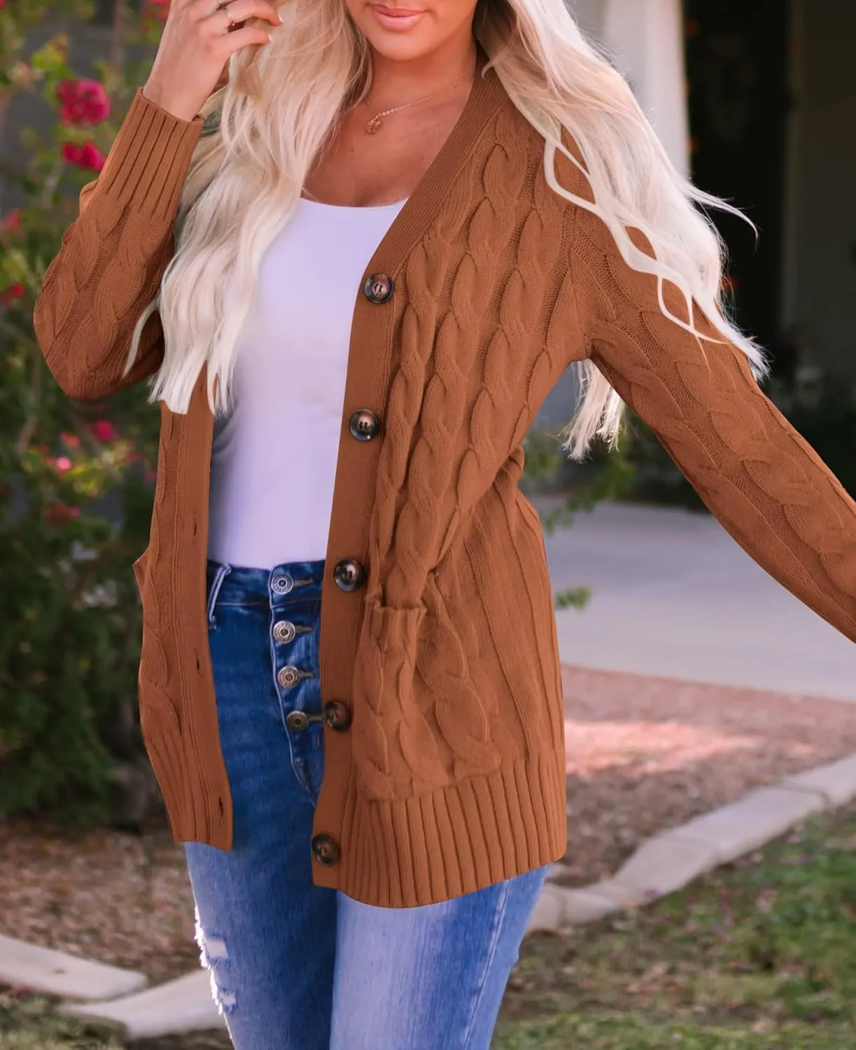 ZESICA Women's Fall Casual Long Sleeve Button Down Open Front Cable Knit Cardigan Sweater Coat