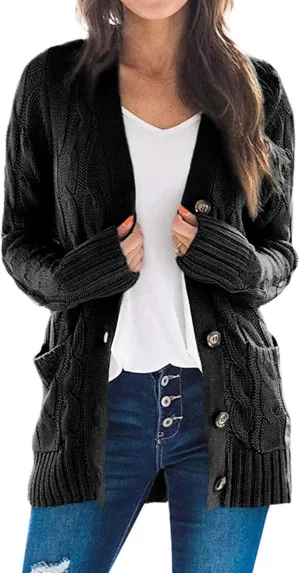 ZESICA Women's Fall Casual Long Sleeve Button Down Open Front Cable Knit Cardigan Sweater Coat