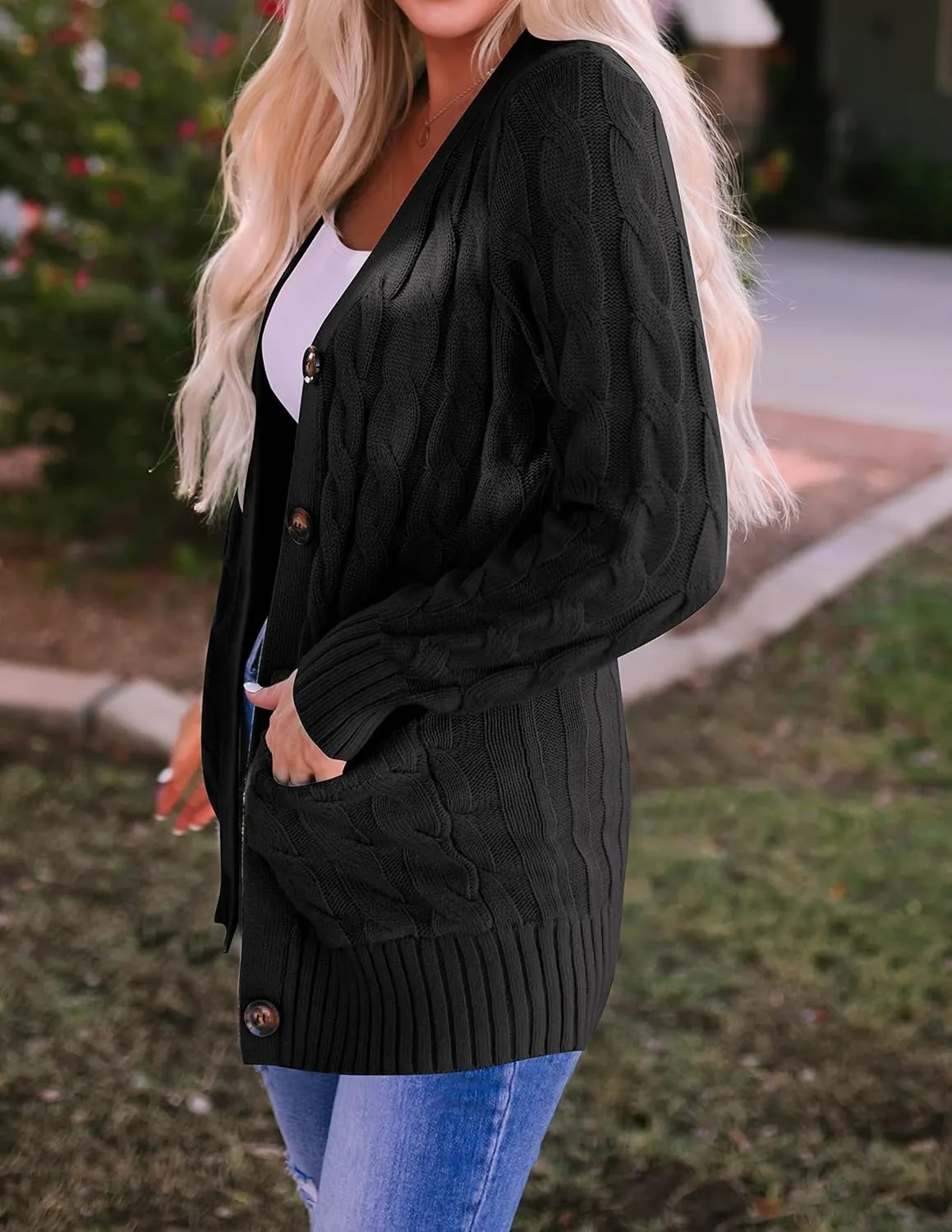 ZESICA Women's Fall Casual Long Sleeve Button Down Open Front Cable Knit Cardigan Sweater Coat