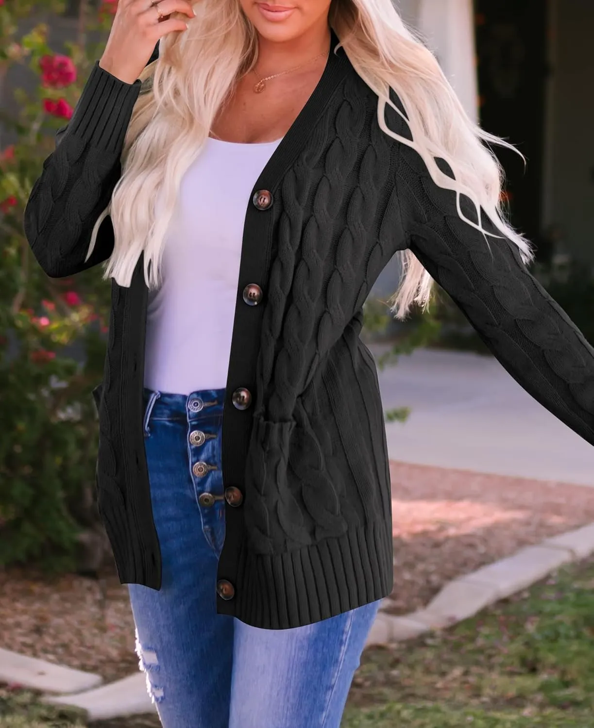 ZESICA Women's Fall Casual Long Sleeve Button Down Open Front Cable Knit Cardigan Sweater Coat