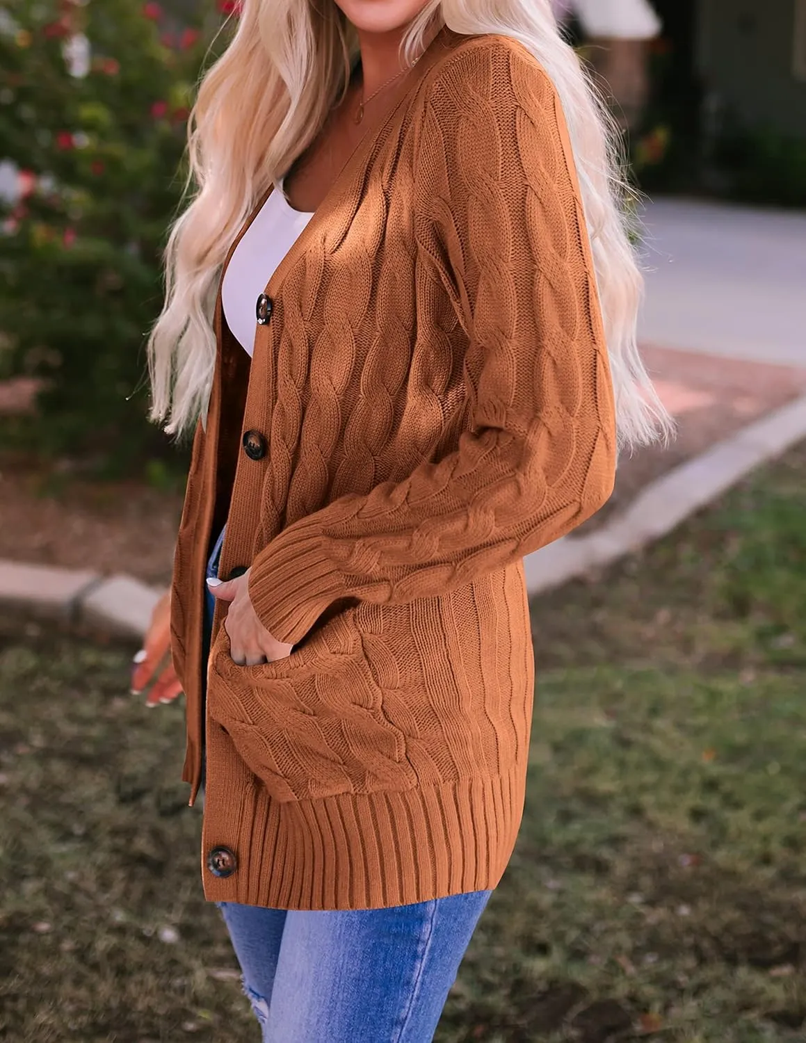 ZESICA Women's Fall Casual Long Sleeve Button Down Open Front Cable Knit Cardigan Sweater Coat