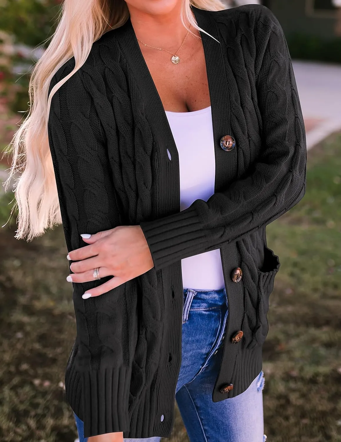 ZESICA Women's Fall Casual Long Sleeve Button Down Open Front Cable Knit Cardigan Sweater Coat