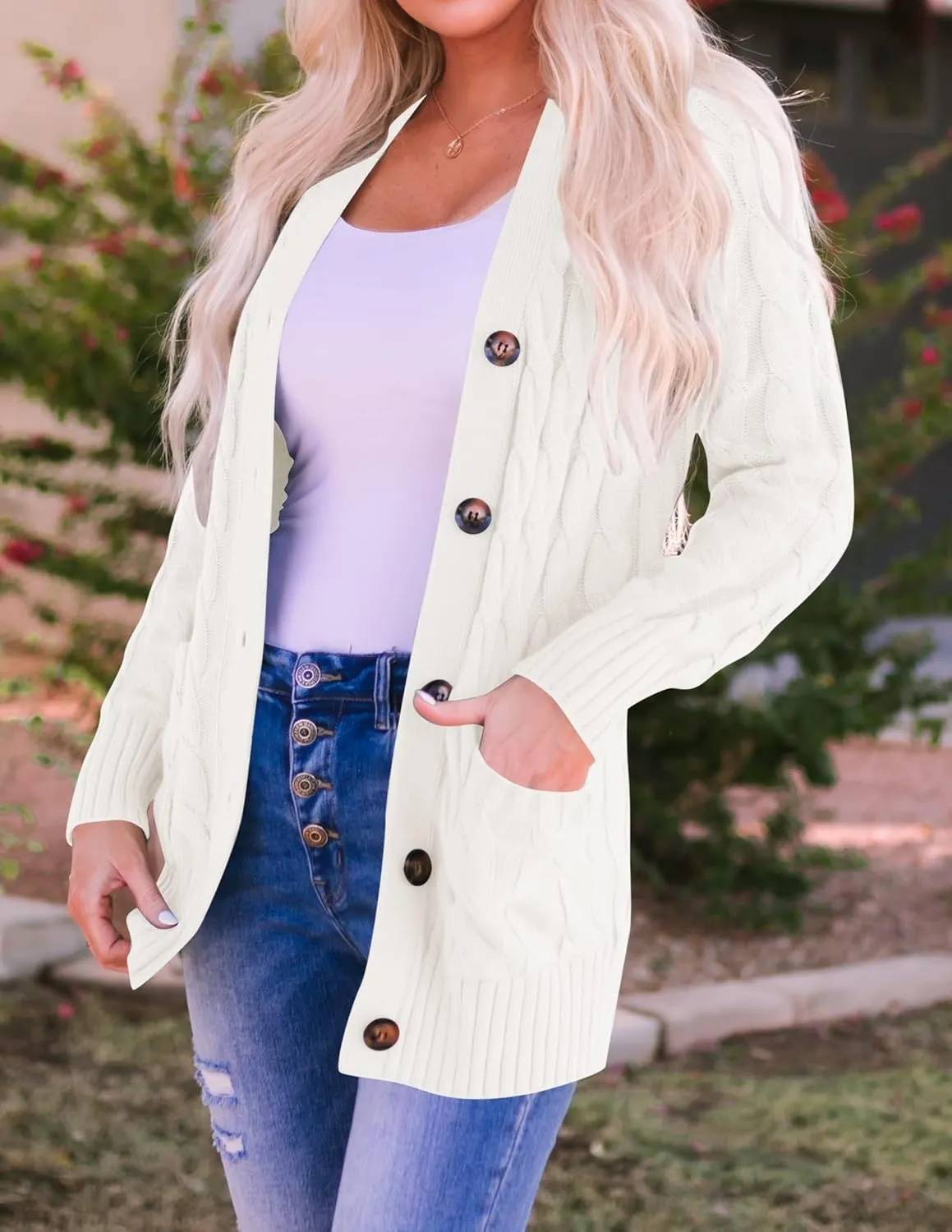 ZESICA Women's Fall Casual Long Sleeve Button Down Open Front Cable Knit Cardigan Sweater Coat