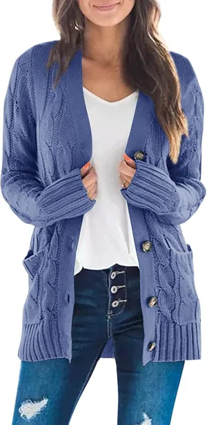 ZESICA Women's Fall Casual Long Sleeve Button Down Open Front Cable Knit Cardigan Sweater Coat